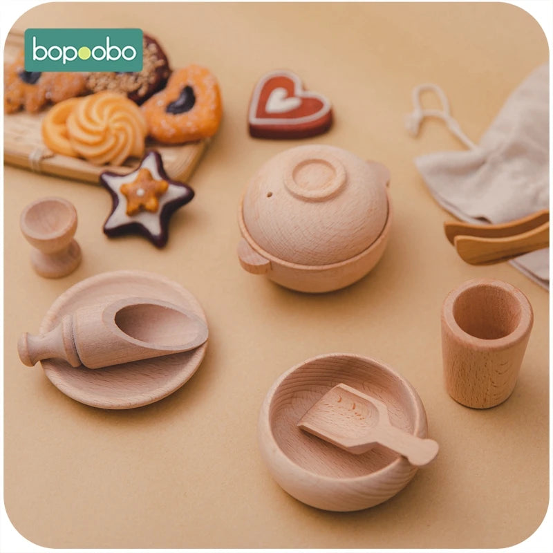 Bopoobo Wooden Montessori Cutlery Pretend Play Tea Set