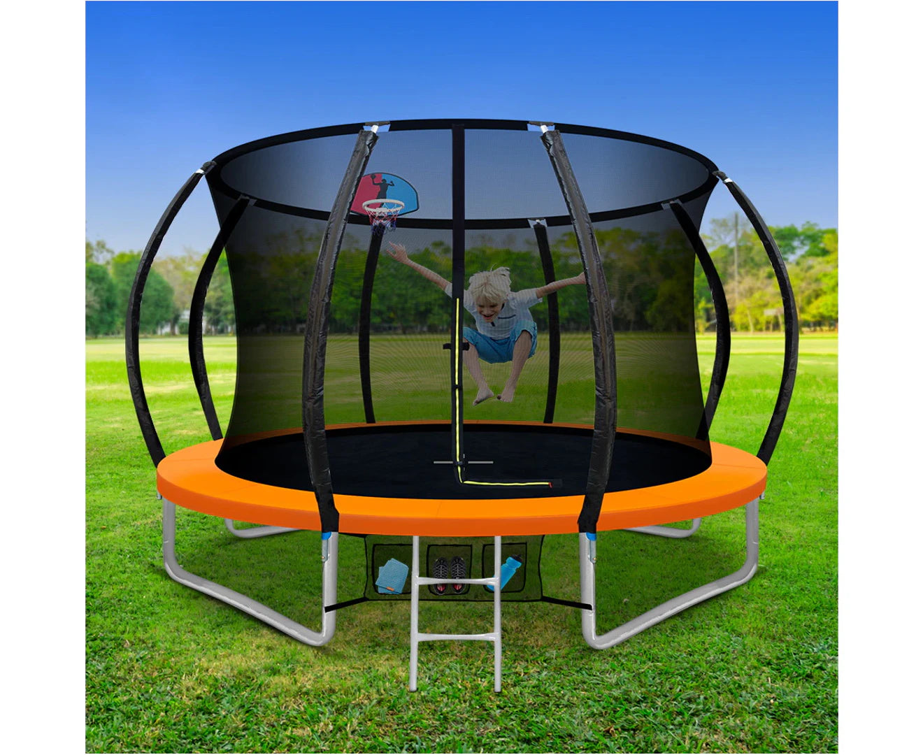 10FT Trampoline for Kids W/ Ladder Enclosure Safety Net Rebounder Orange